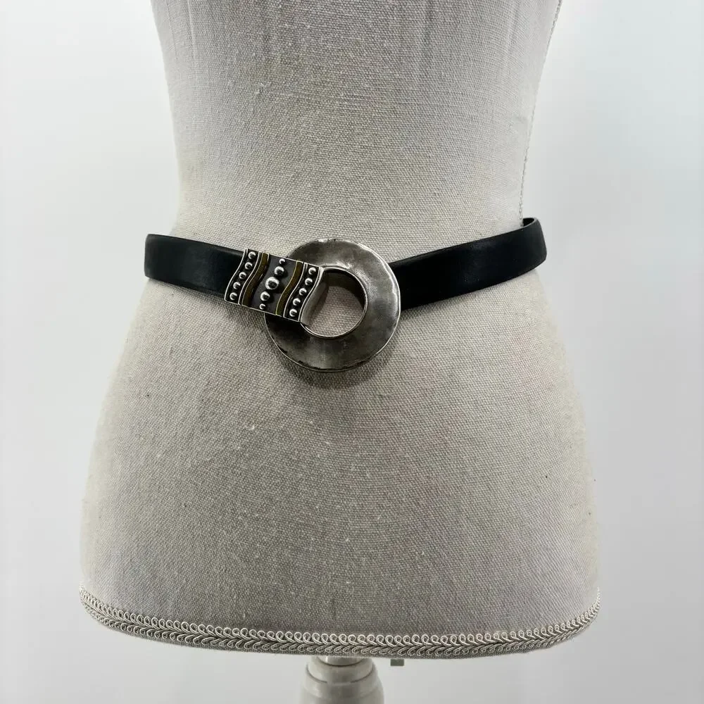 Chicos Womens Small Medium Black Leather Belt Circle Hook Buckle